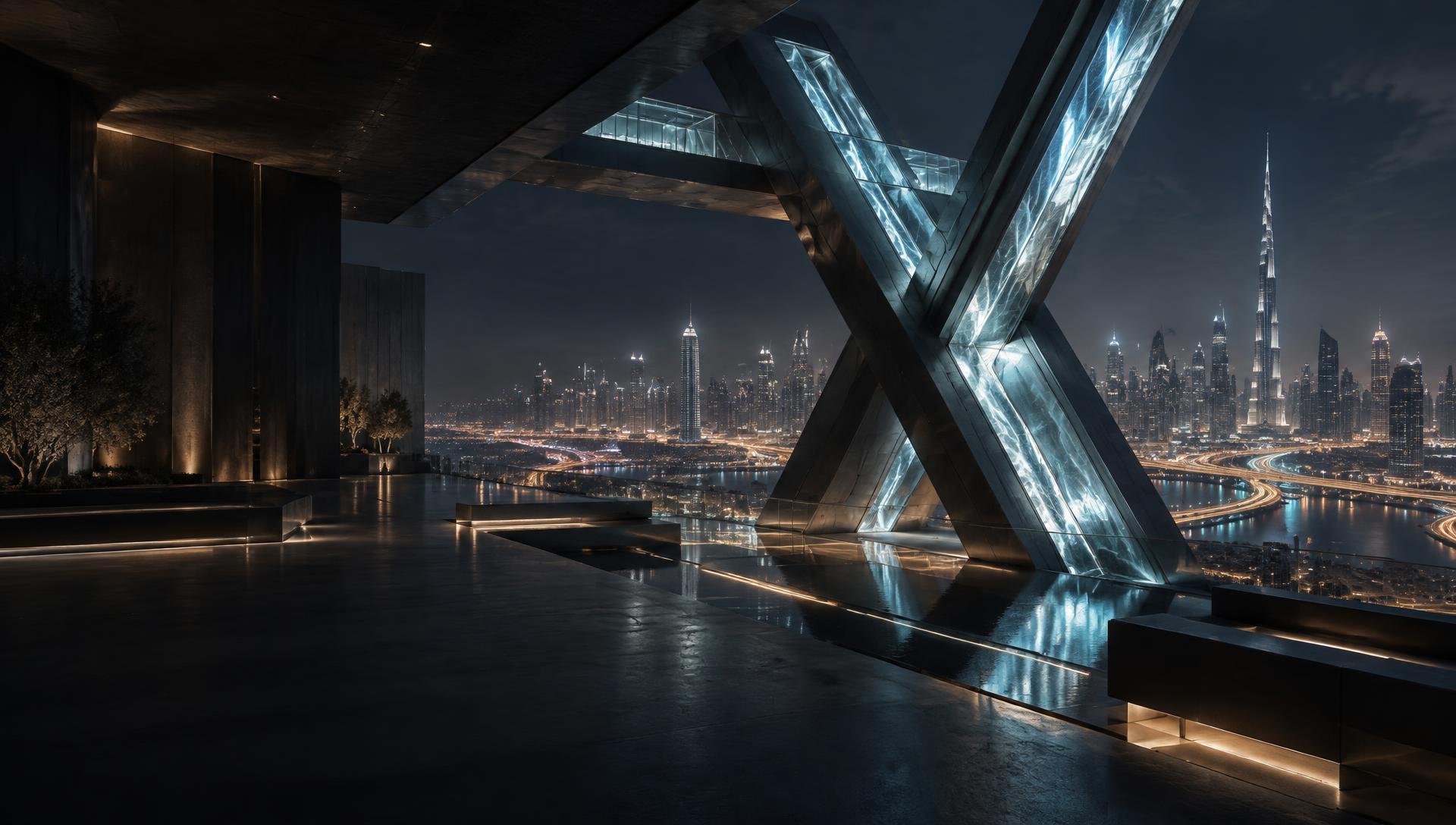 Monumental illuminated X architecture overlooking Dubai